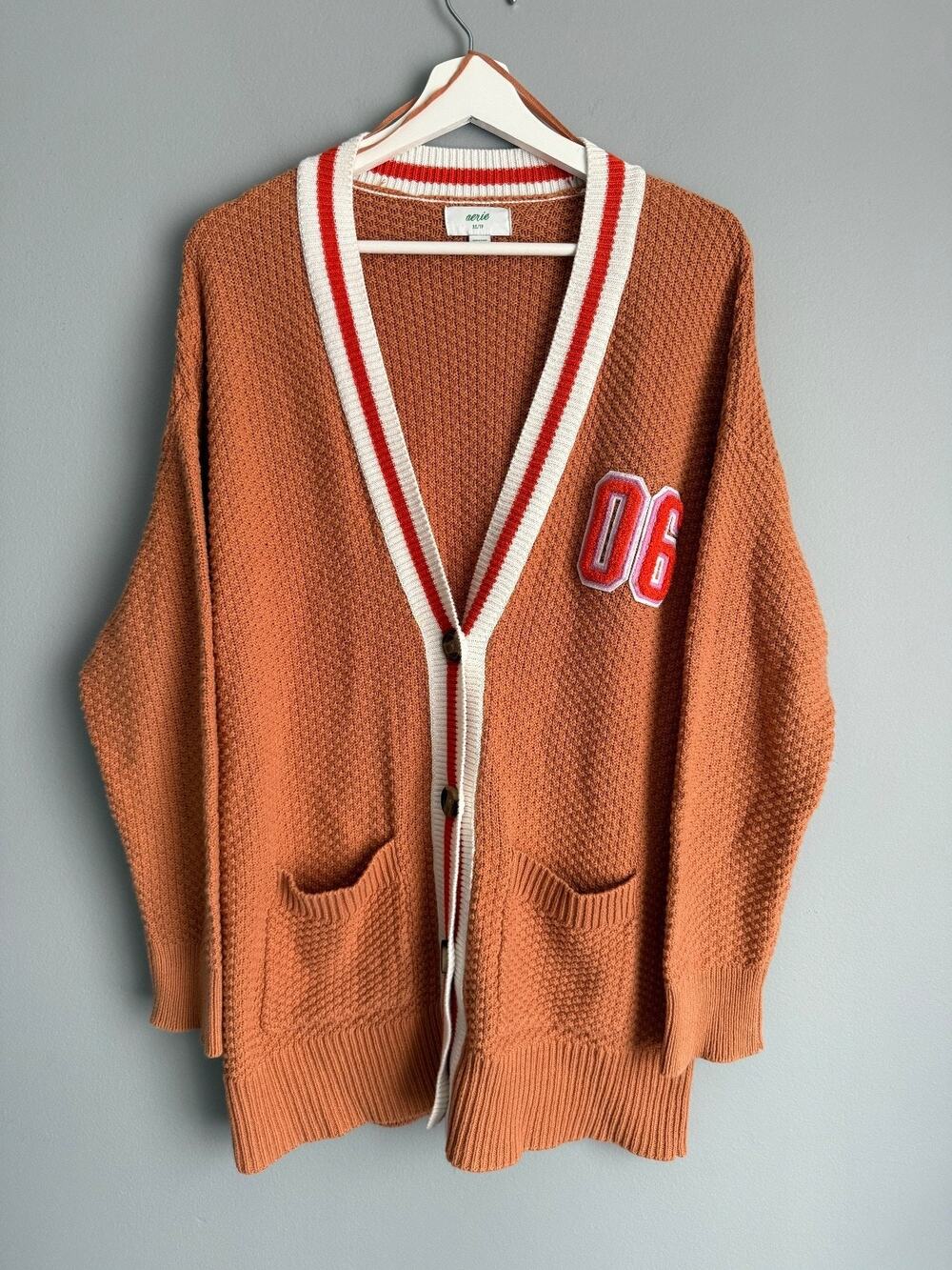 Aerie Women's XS Varsity Cardigan Rust Cotton Knit Letterman Patch Collegiate
